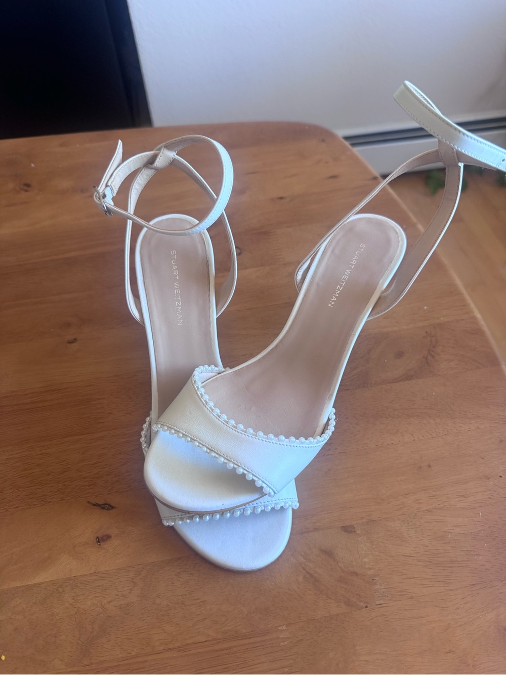 Stuart Weitzman Ivory Pearl-Trim Ankle-Strap Sandals